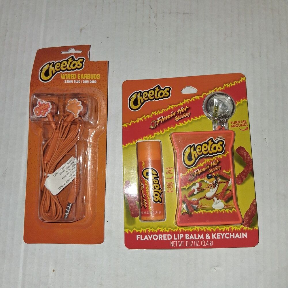 NEW Flaming Hot Cheetos Lip Balm & Keychain Holder Set And Wired Ear Buds Set